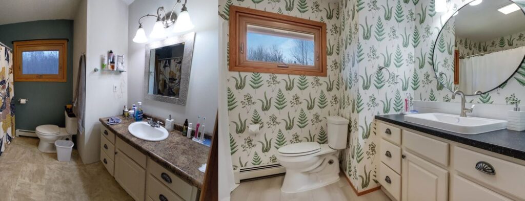 Remodeled bathroom with wallpaper